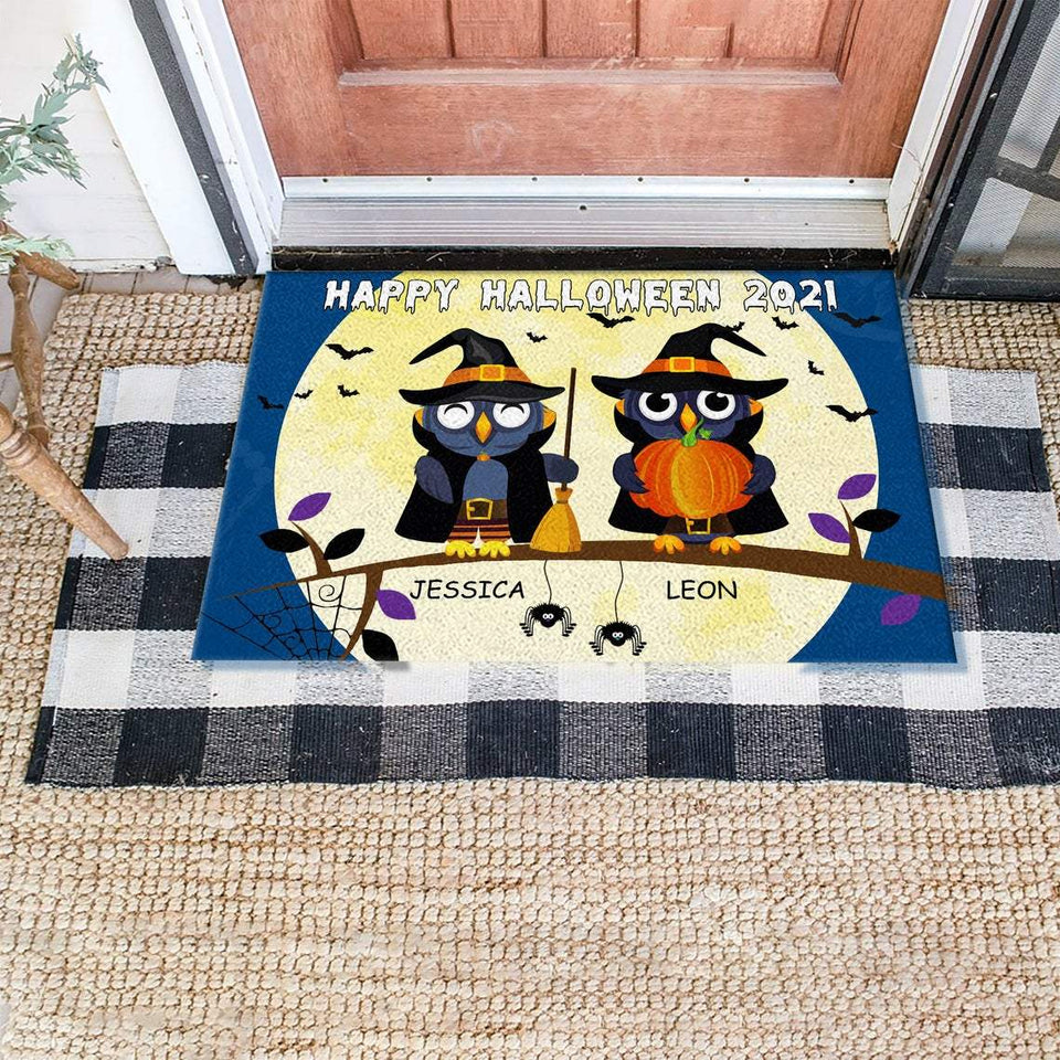 Custom Name Owl Couple 2021 Halloween Doormat | Best Outdoor Halloween Decoration