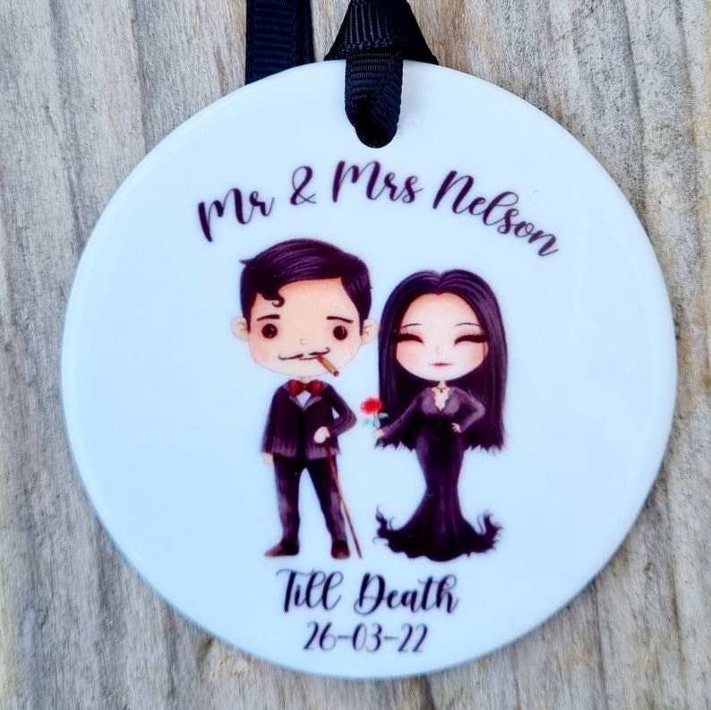 Personalised Addams Family Ceramic Keepsake Wedding, Anniversary, Engagement, Halloween Gift.
