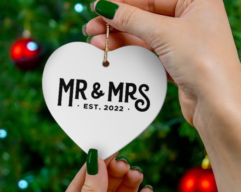 Mr And Mrs Est First Year Together Anniversary Ceramic Ornament - Heart, Snowflake Or Circle - Porcelain