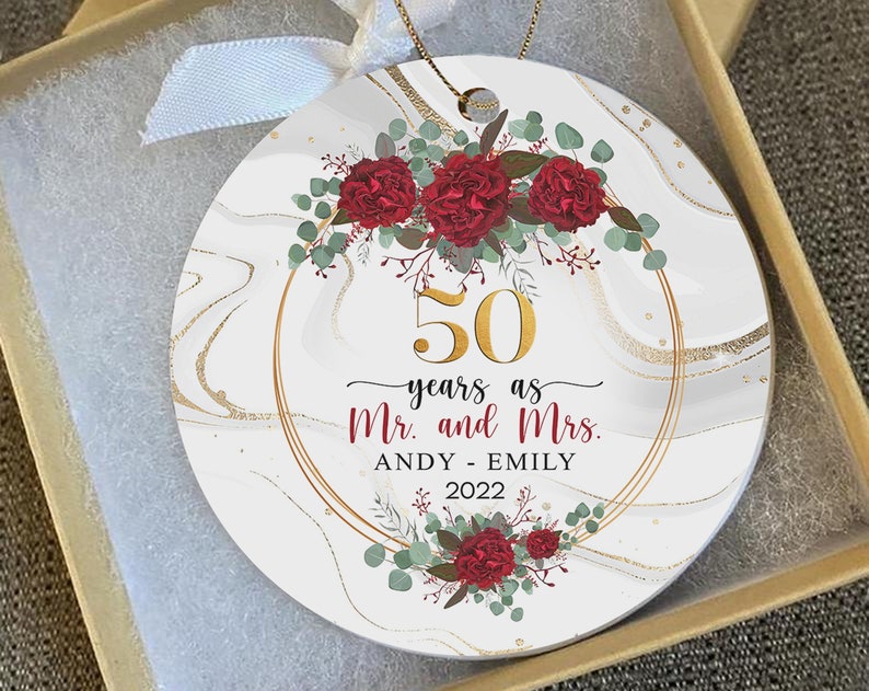 50 Years As Mr. And Mrs. Christmas Ornament, Personalized Couple Holiday Gifts, 50Th Wedding Anniversary Couple Ceramic Ornament Favors
