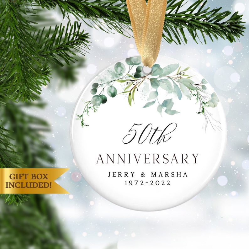 Custom Anniversary Ornament, Personalized Wedding Anniversary Ornament For Couples, Beautiful Green Floral Anniversary Ornament