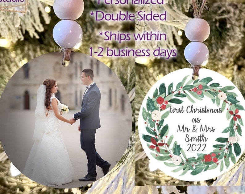 Custom Wedding Photo Ornament - Personalized Christmas Ornament - Christmas Portrait Keepsake Gift - Large Double Sided Decoration