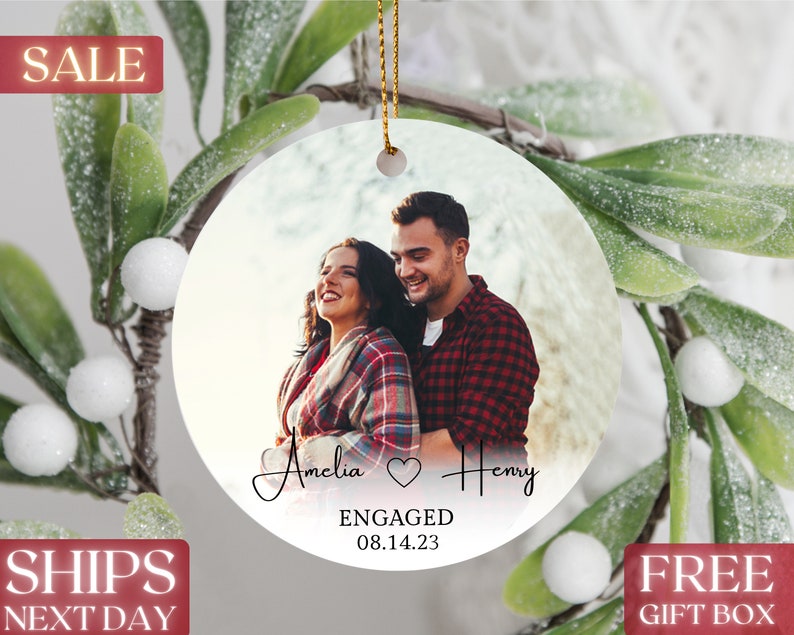 Personalized Engaged Couple Christmas Ornament , Custom Photo Ornament, Picture Ornament For Couples, Ceramic Photo Print Ornament