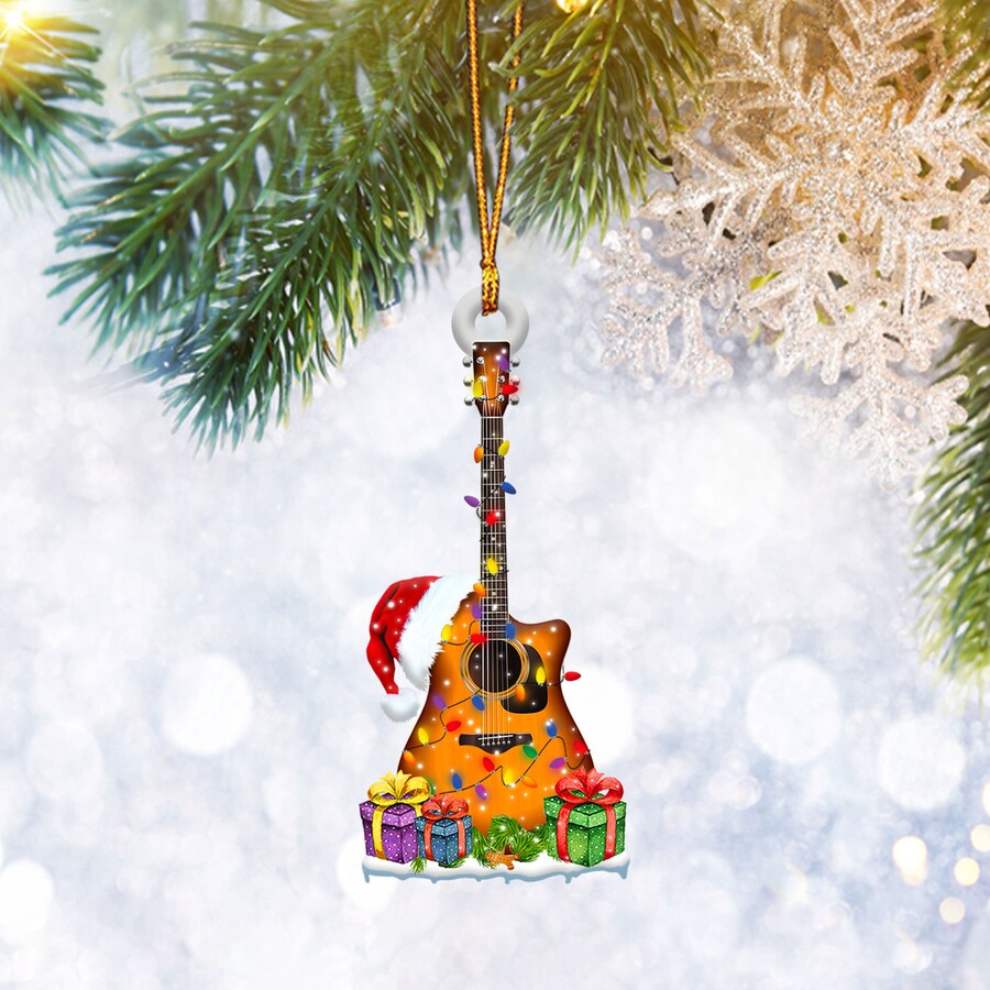 Brown Classic Guitar Santa Hat Christmas Light Flat 2D Ornament, Christmas Tree Ornament, Home Decor Plastic Ornament