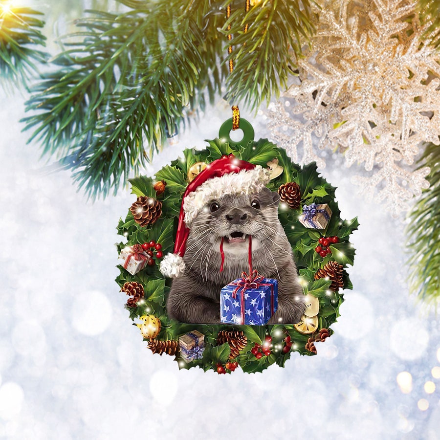 Otter Christmas Wreath Flat 2D Ornament, Animal Lover Gifts, Christmas Tree Ornament, Home Decor Plastic Ornament