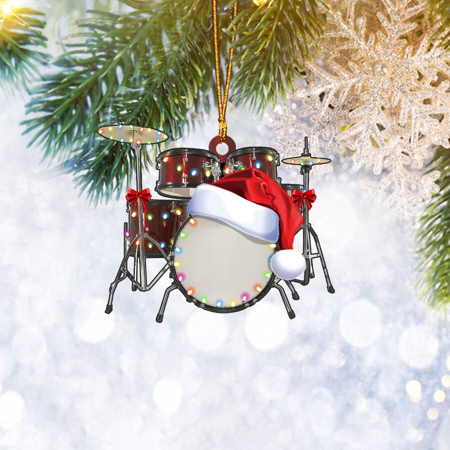 Red Drum Kit Set Santa Hat Christmas Light Flat 2D Ornament, Christmas Tree Ornament, Home Decor Plastic Ornament