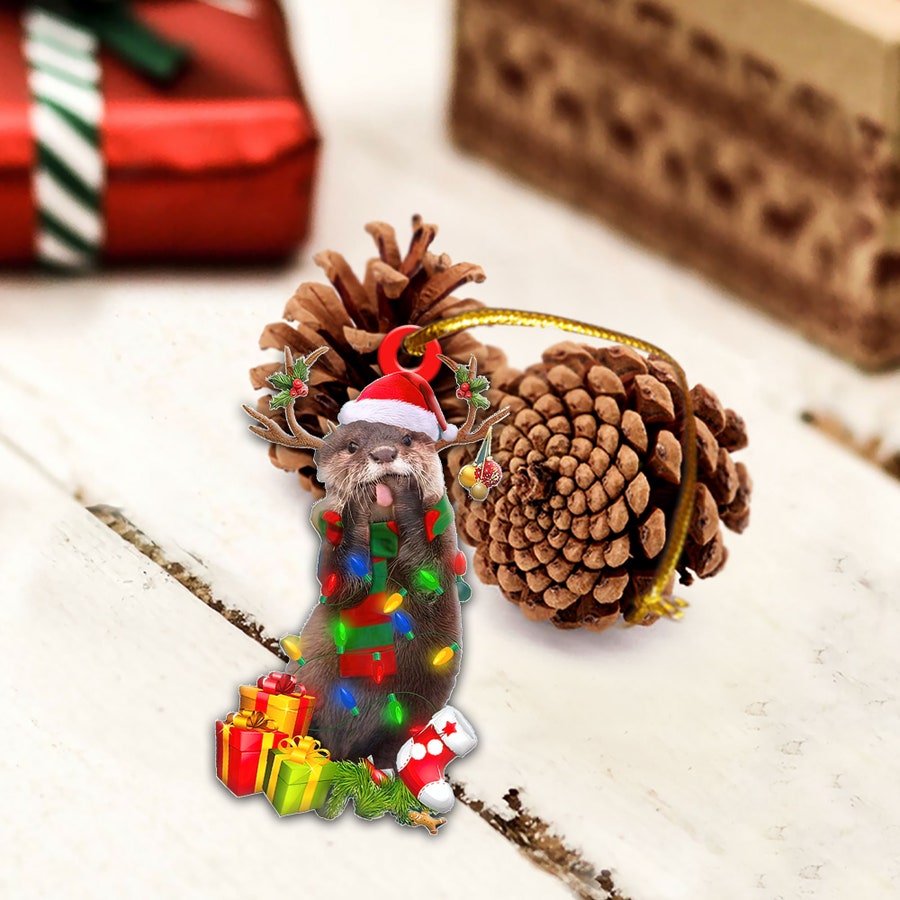 Funny Otter Christmas Reindeer Flat 2D Ornament, Animal Lover Gifts, Christmas Tree Ornament, Home Decor Xmas