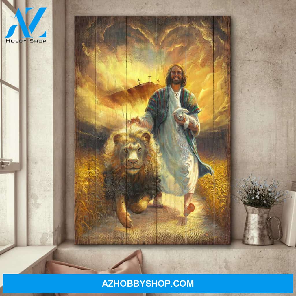 Jesus - Walking with lamb and lion Jesus Portrait Canvas Prints - Wall Art