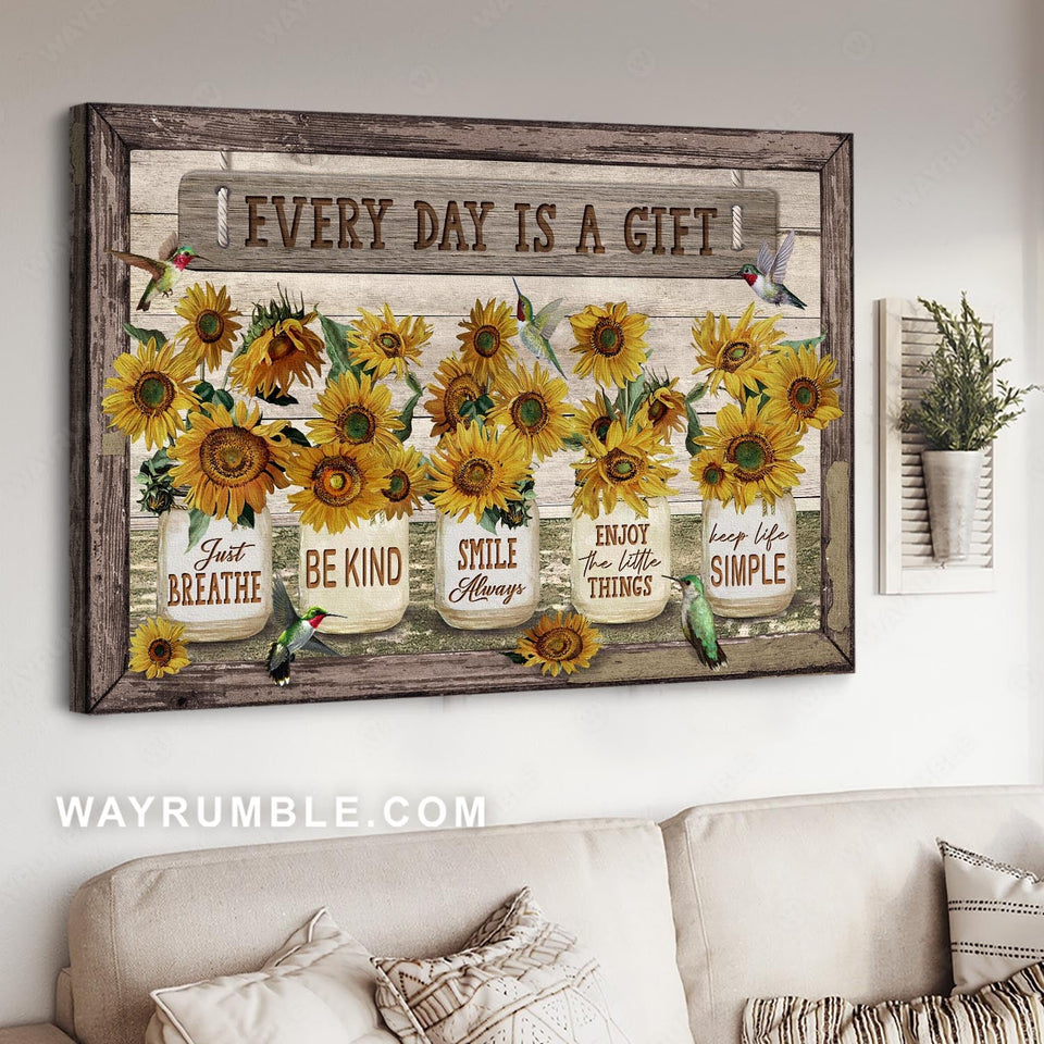 Sunflower painting, Watercolor hummingbird, Rustic farmhouse, Every day is a gift - Jesus Landscape Canvas Prints, Home Decor Wall Art