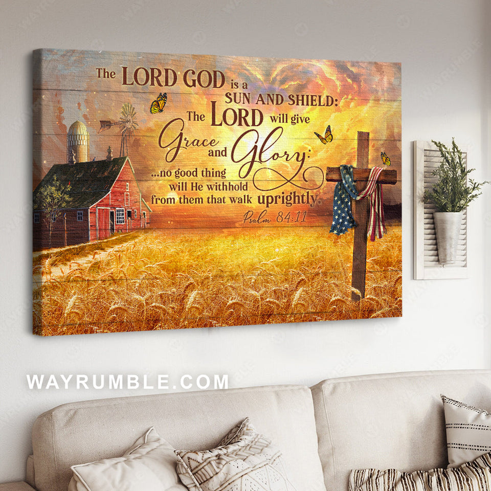 Red farmhouse, Wheat field, Bible verse, The Lord God is a sun and shield - Jesus Landscape Canvas Prints, Home Decor Wall Art