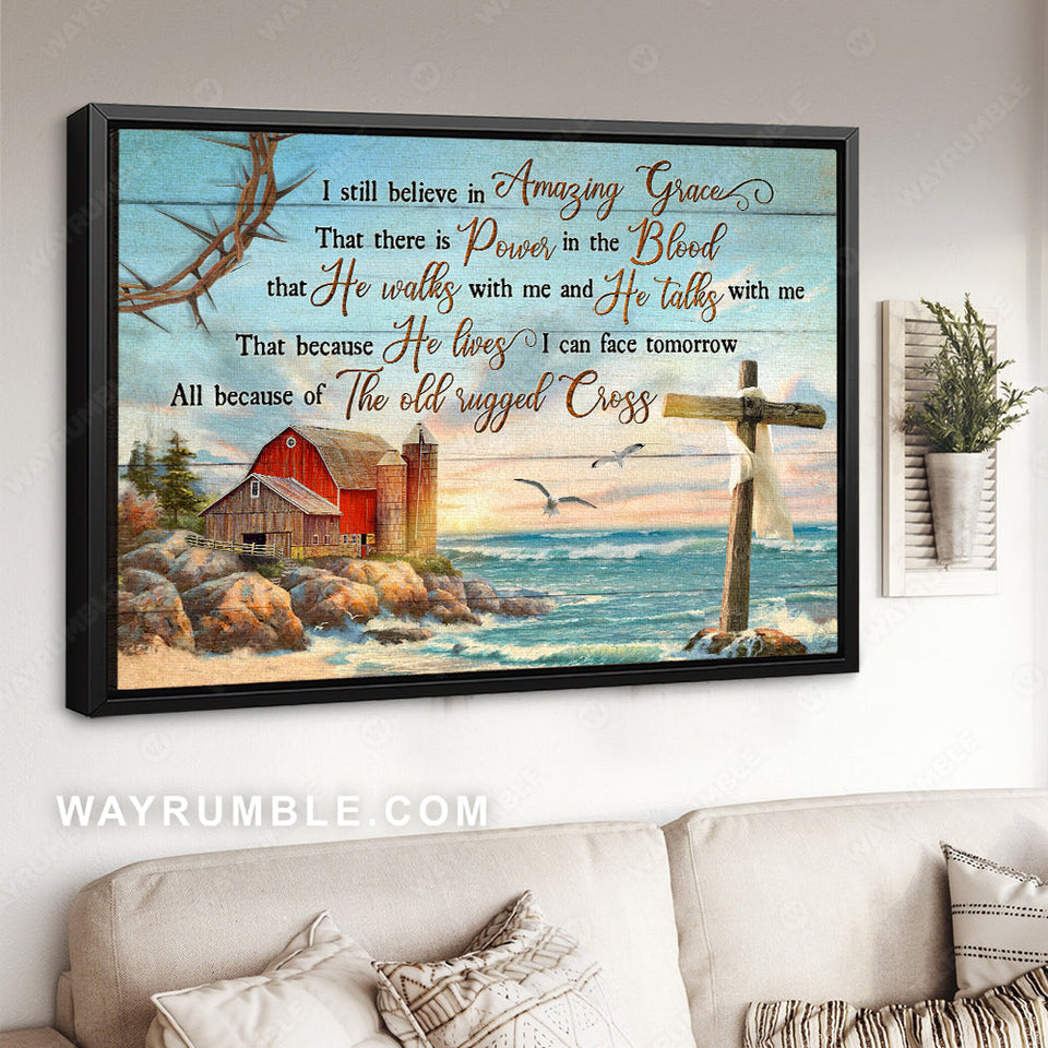 Beach painting, Blue ocean, Rustic farmhouse, I still believe in amazing grace - Jesus Landscape Canvas Prints, Home Decor Wall Art