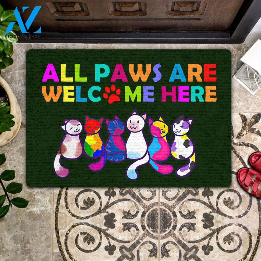 LGBT All Paws Are Welcome Here Indoor And Outdoor Doormat Warm House Gift Welcome Mat Gift For Friend Family Gift For Cat Lovers LGBT Gift