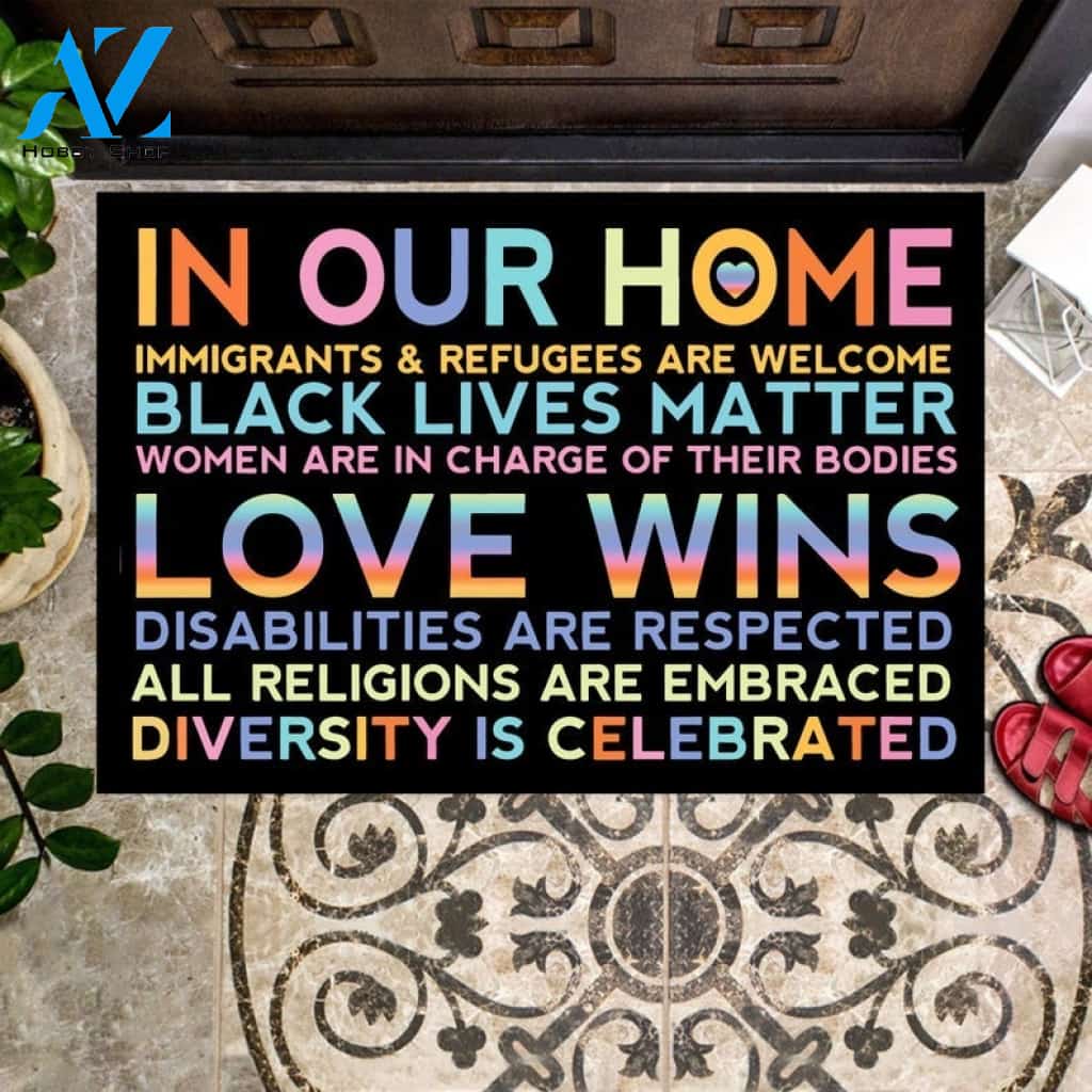 LGBT Gift - In Our Home Love Wins Doormat Welcome Mat House Warming Gift Home Decor Funny Doormat Gift Idea