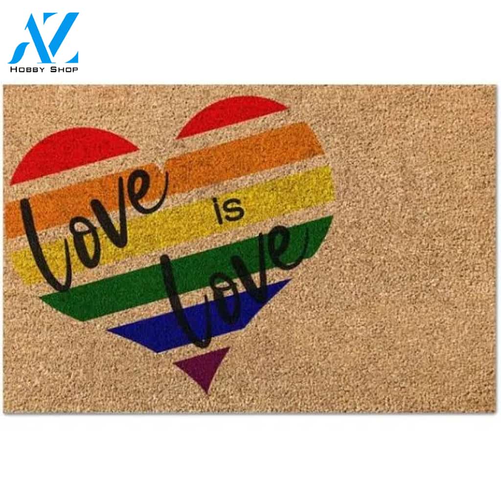 LGBT Love Is Love Rainbow Heart Indoor And Outdoor Doormat Warm House Gift Welcome Mat Gift For Friend Family