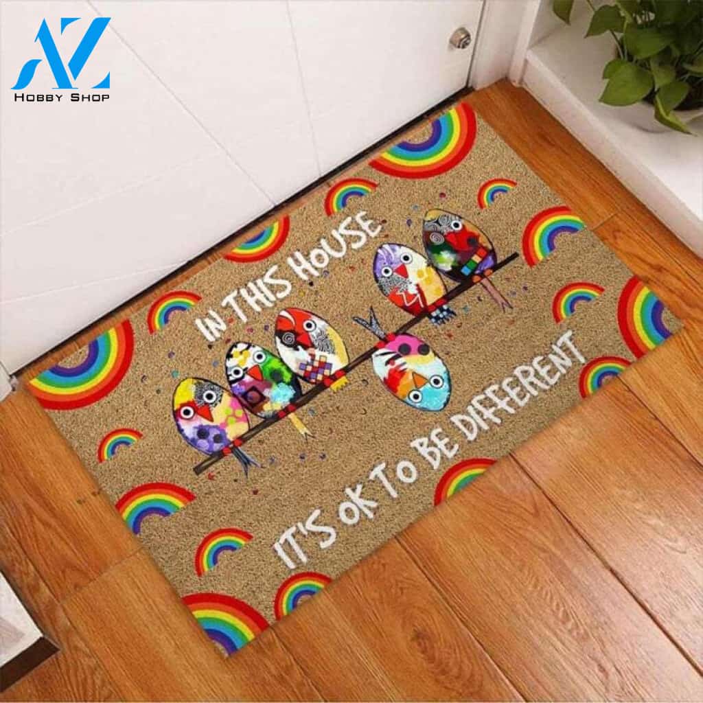 LGBT Support - In This House It's Ok To Be Different Doormat Welcome Mat House Warming Gift Home Decor Gift for Cat Lovers Funny Doormat Gift Idea