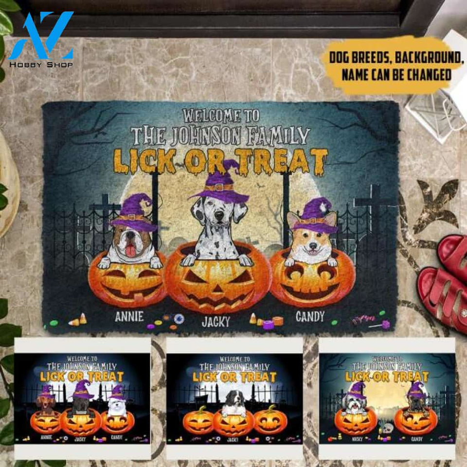 Lick Or Treat Pumpkin Dog Halloween Personalized Doormat
