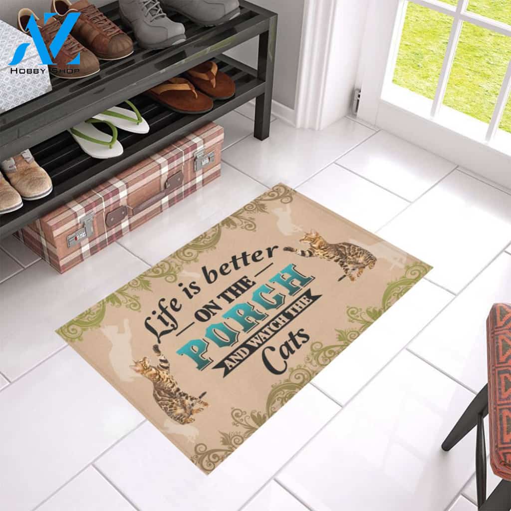 Life Is Better On The Porch And Watch he Cats Doormat Indoor And Outdoor Mat Entrance Rug Sweet Home Decor Housewarming Gift Gift For Friend Family Stem Feminist