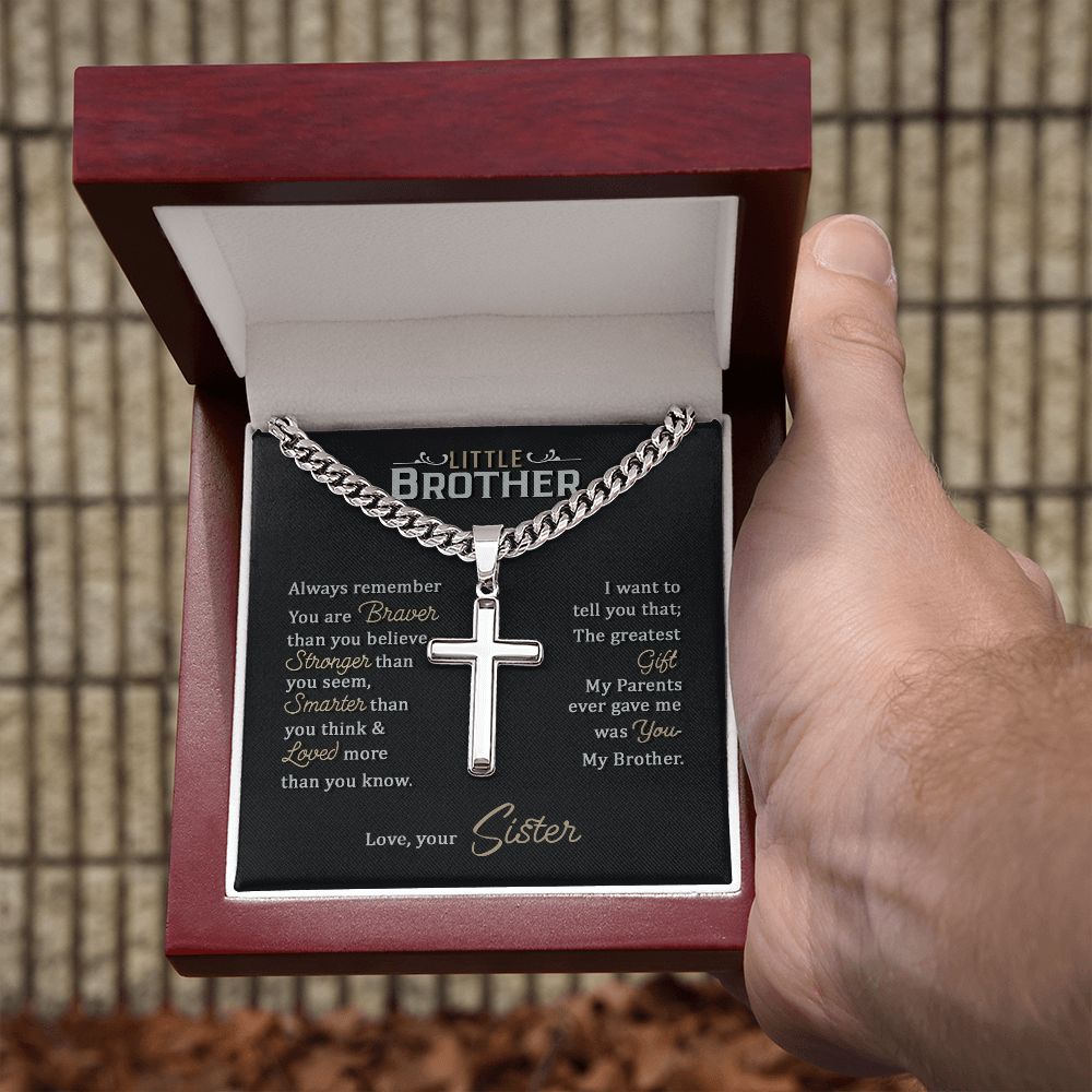 Little Brother love your lord with all your strength Personalized Cross Necklace with Cuban Chain