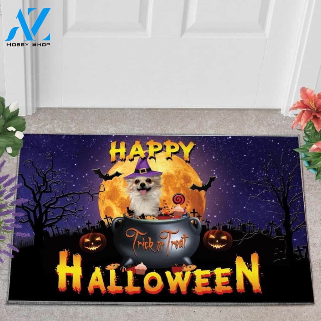 Long Haired Chihuahua Trick Or Treat Happy Halloween Welcome Funny Doormat Gift For Dog Lovers Home Decor Warm House Gift Welcome Mat Halloween Decor