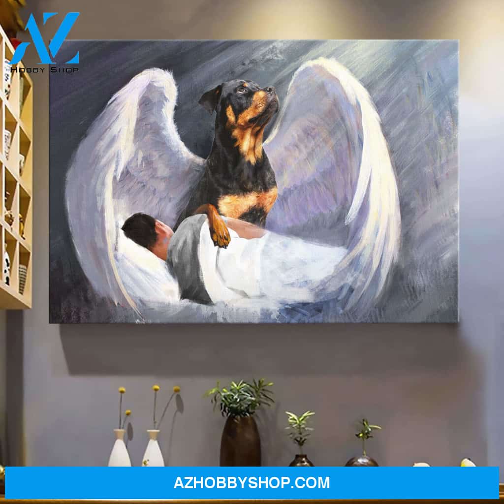 Man and Rottweiler with beautiful wings Rottweiler Landscape Canvas Prints - Wall Art