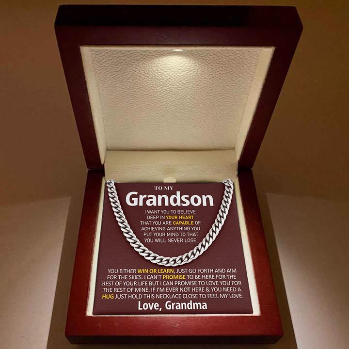 Grandson Necklace You Will Never Lose, You Either Win Or Learn Love, Grandma Cuban Link Chain Necklace