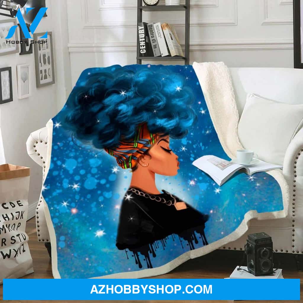 Melanin Blanket Black Women Art Fleece Blanket Blue Curly Headwrap Fleece Blanket
