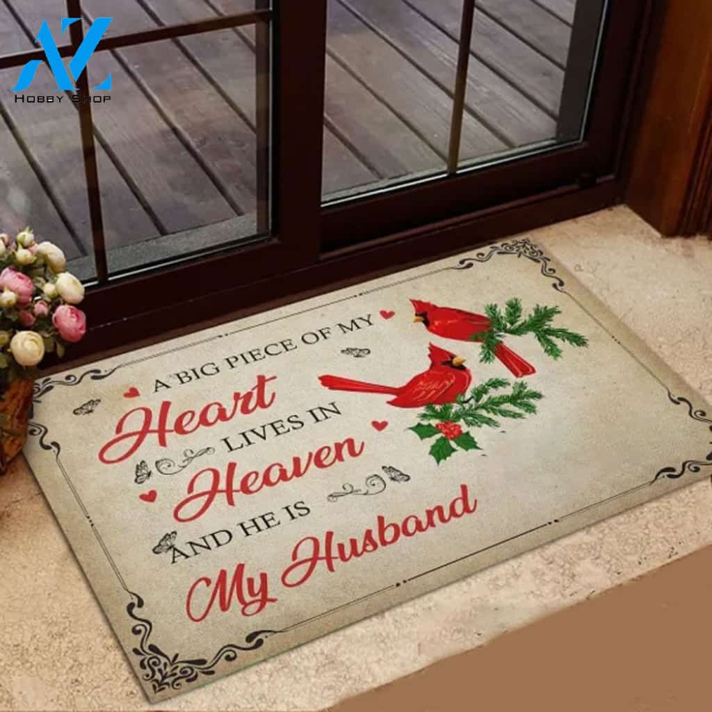 Memorial - A Big Piece Of My Heart Lives In Heaven He Is My Husband Doormat Housewarming Gift Family Welcome Mat Gift for Friend Family