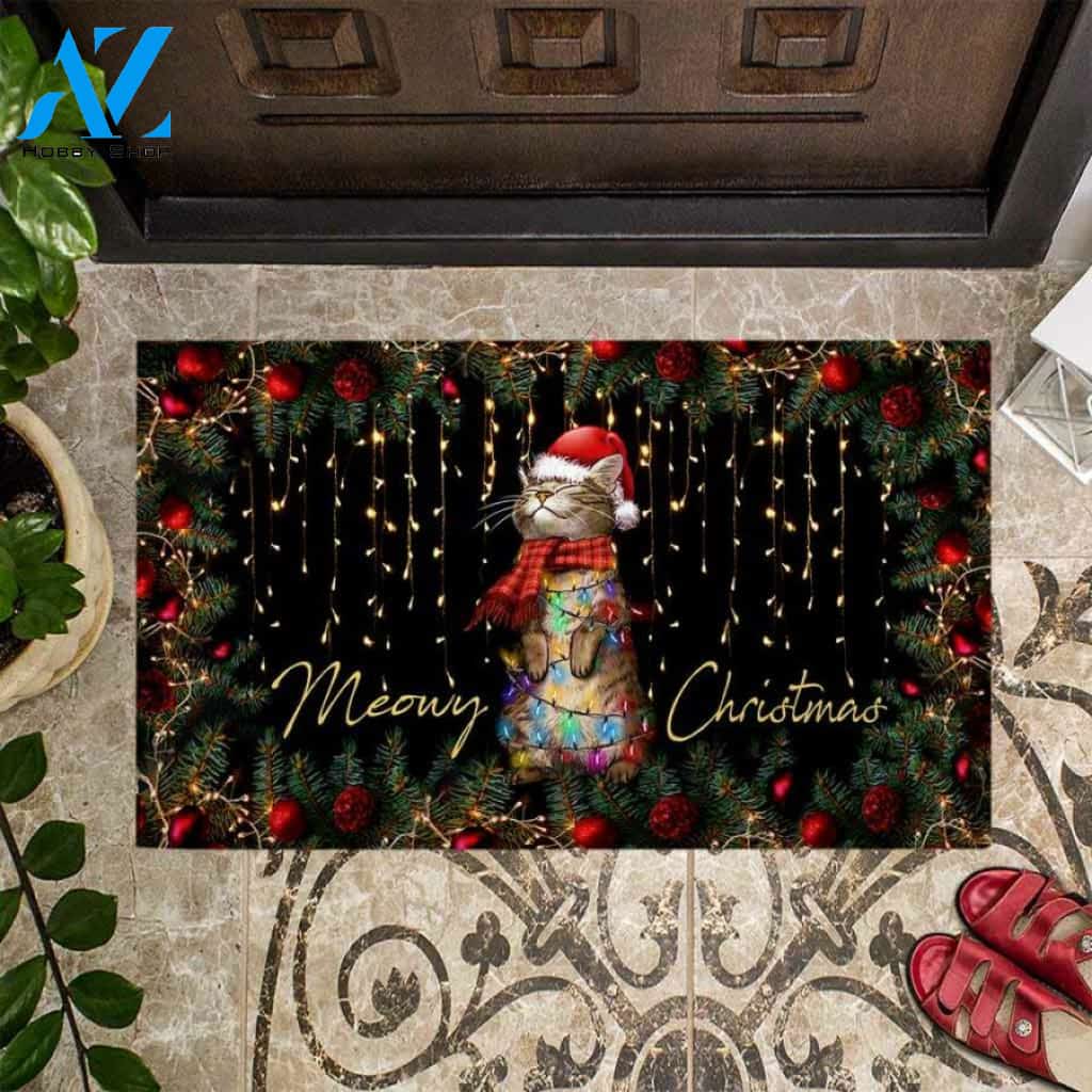 Meowy Christmas – Cat Easy Clean Welcome DoorMat | Felt And Rubber | 40x60 cm | 45x75 cm | 60x90 cm | Colorful | DO1178