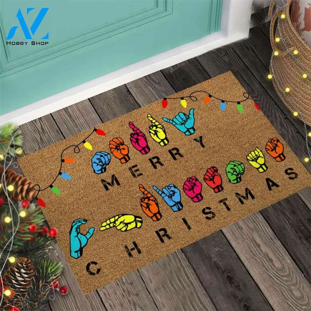 Merry Christmas – American Sign Language Easy Clean Welcome DoorMat | Felt And Rubber | 40x60 cm | 45x75 cm | 60x90 cm | Colorful | DO1185