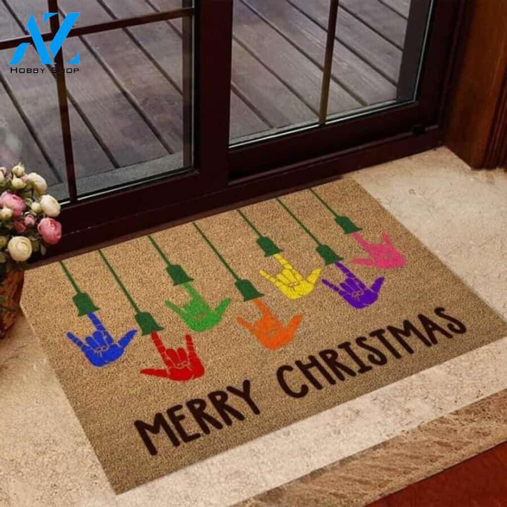 Merry Christmas American Sign Language Coir Pattern Print Doormat | Welcome Mat | House Warming Gift