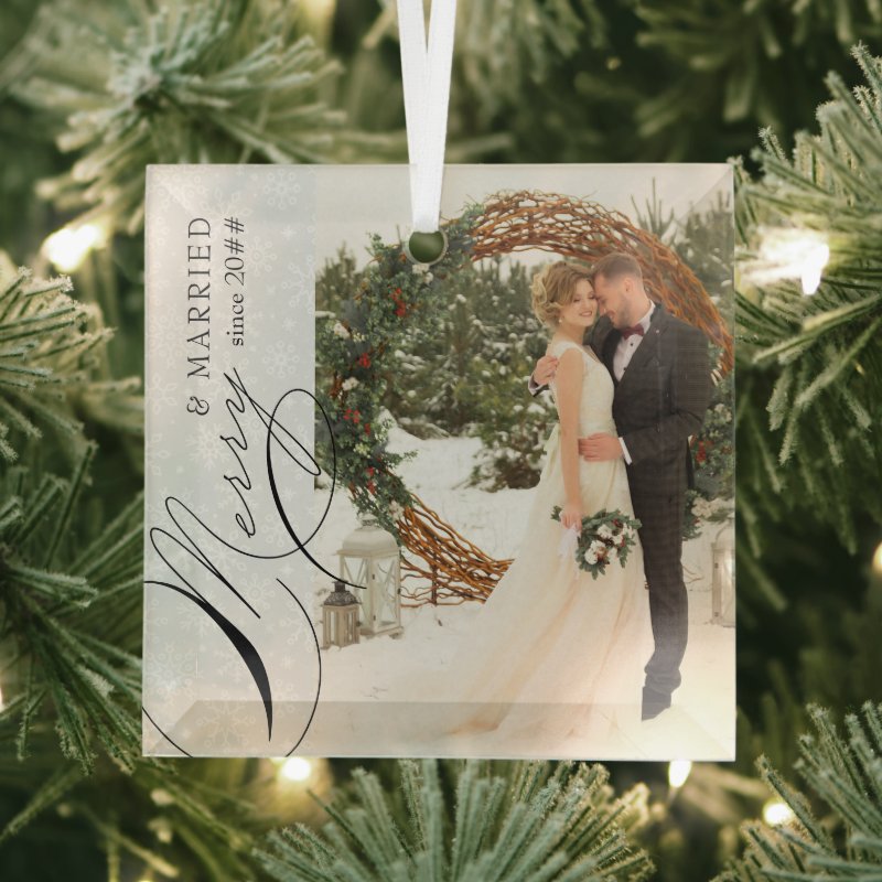 Merry And Married Script Vertical Photo Snowflake Glass Ornament