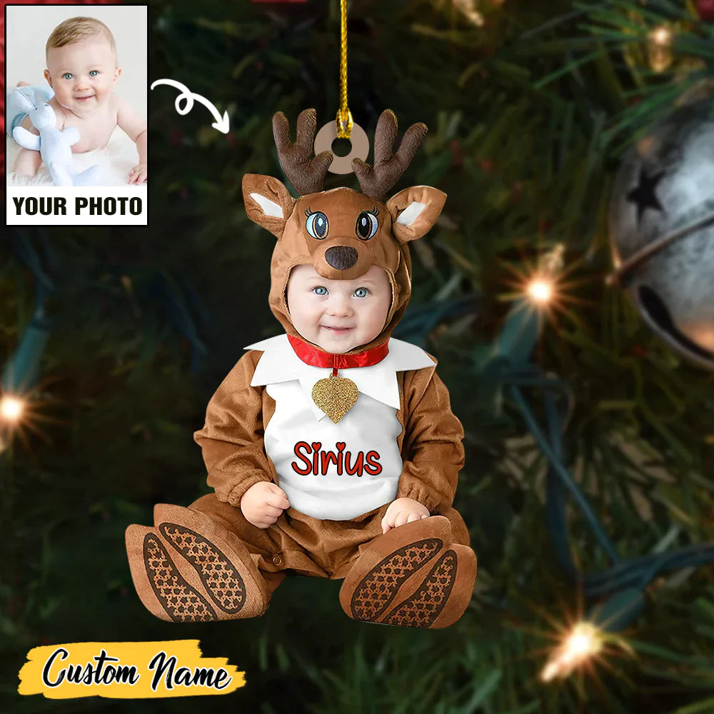 Reindeer Custume Baby Girls And Boy Custom Photo With Name Ornament CTH01