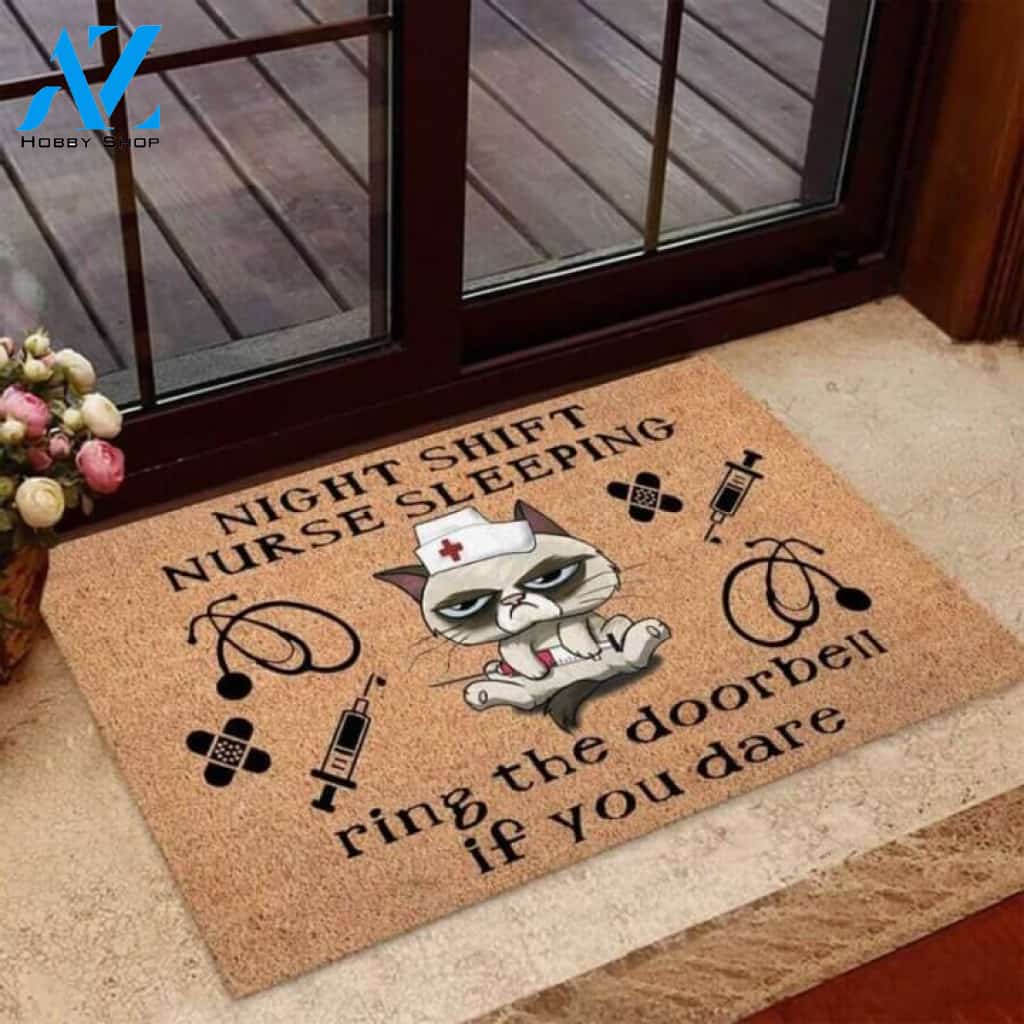 Night shift Nurse Sleeping Nurse x Cat Coir pattern print Doormat | Welcome Mat | House Warming Gift
