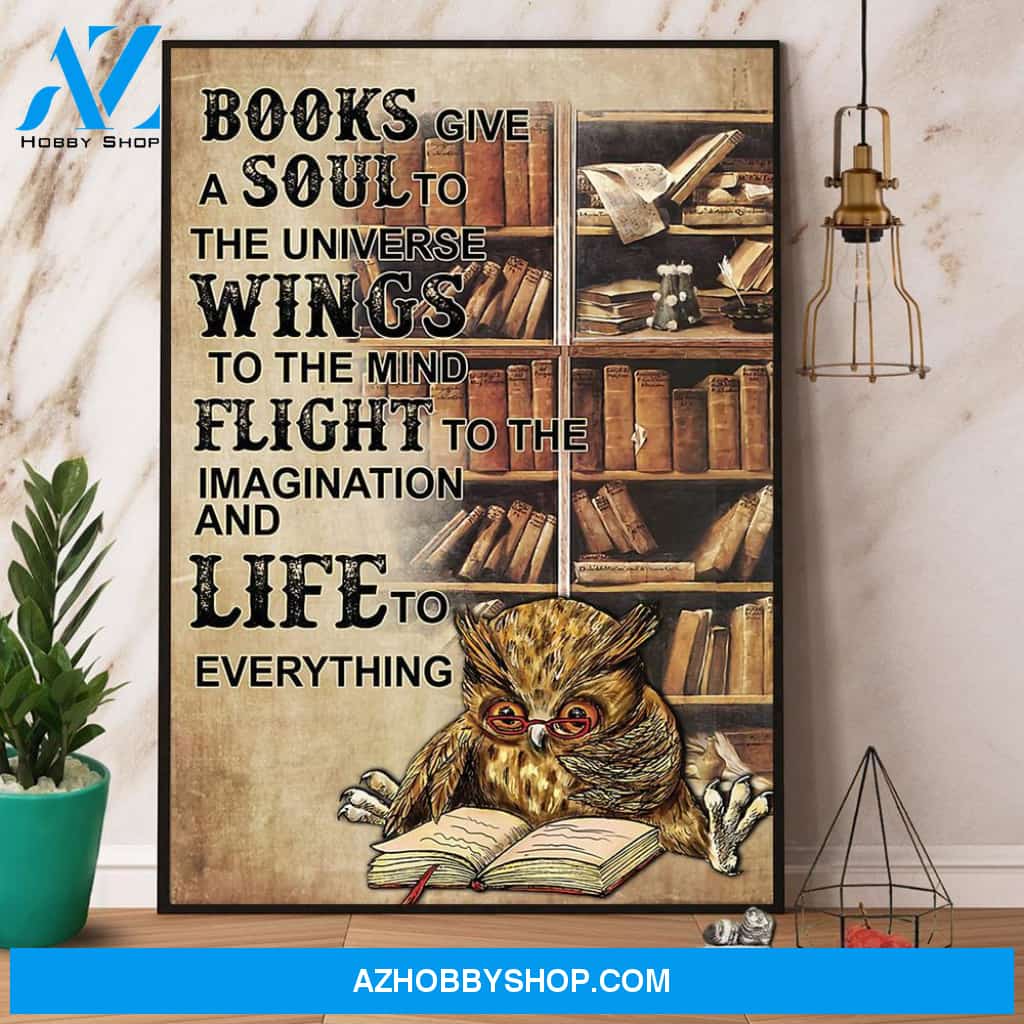 Owl Books Gives Wings To The Mind Canvas And Poster, Wall Decor Visual Art