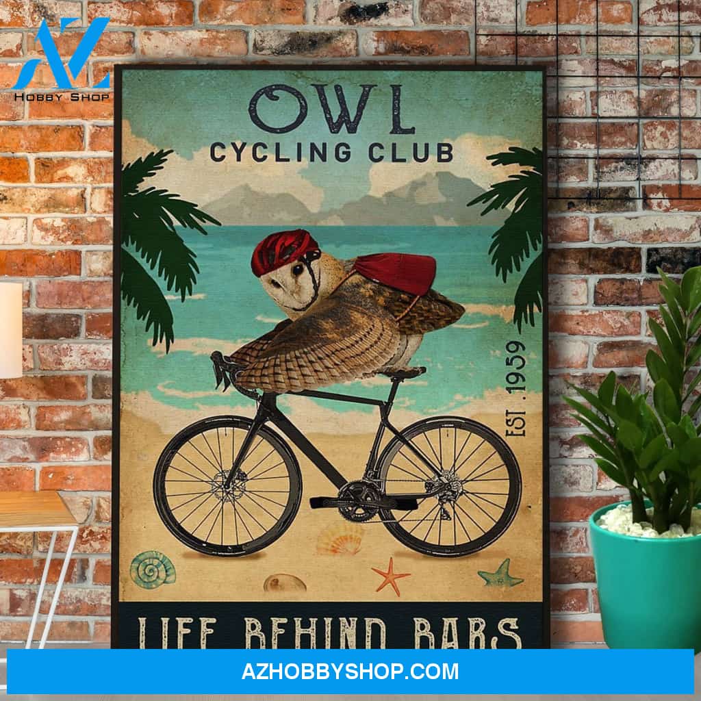 Owl Cycling Club Life Behind Bars Canvas And Poster, Wall Decor Visual Art