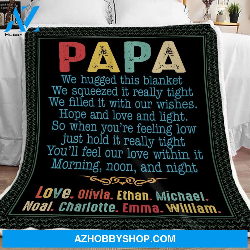 Papa Blanket With Grandkids Names, Papa Black Sherpa Blanket, Papa Black Fleece Blanket