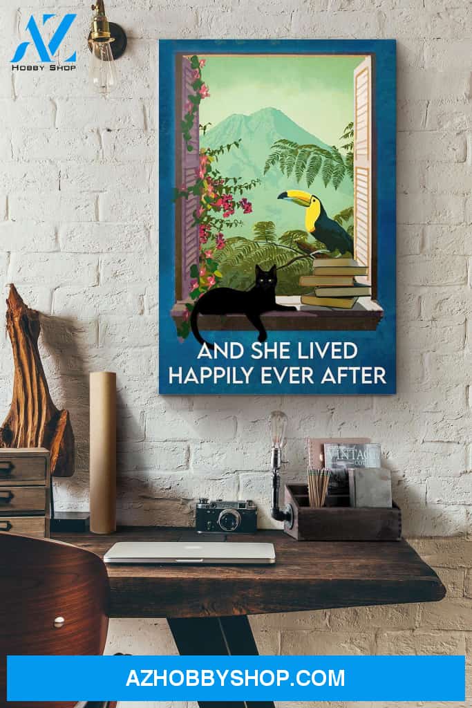 Parrot Cats And Books She Lived Happily Ever After Canvas And Poster, Wall Decor Visual Art