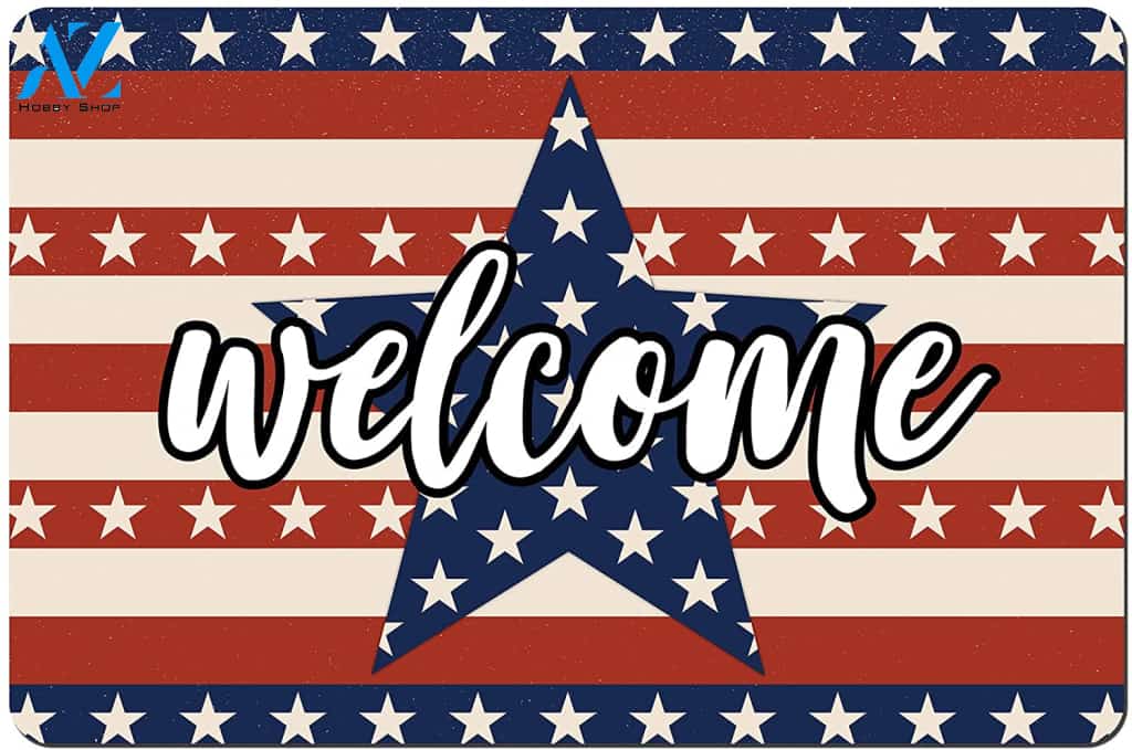 Welcome Floor Mat Patriotic American Flags Stars and Stripes Printed Doormat Independence Day Doormat Welcome Mat House Warming Gift Home Decor Gift for Dog Lovers Funny Doormat Gift Idea