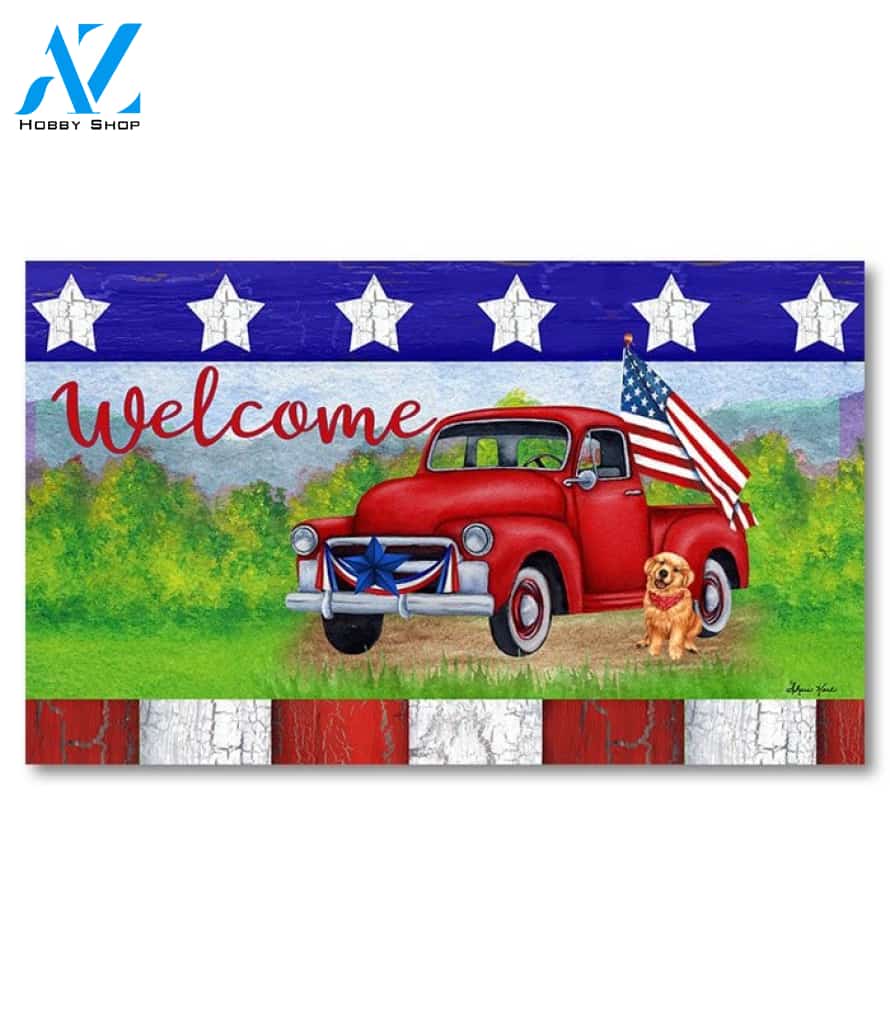 Patriotic Red Truck Welcome Doormat - 18" x 30"