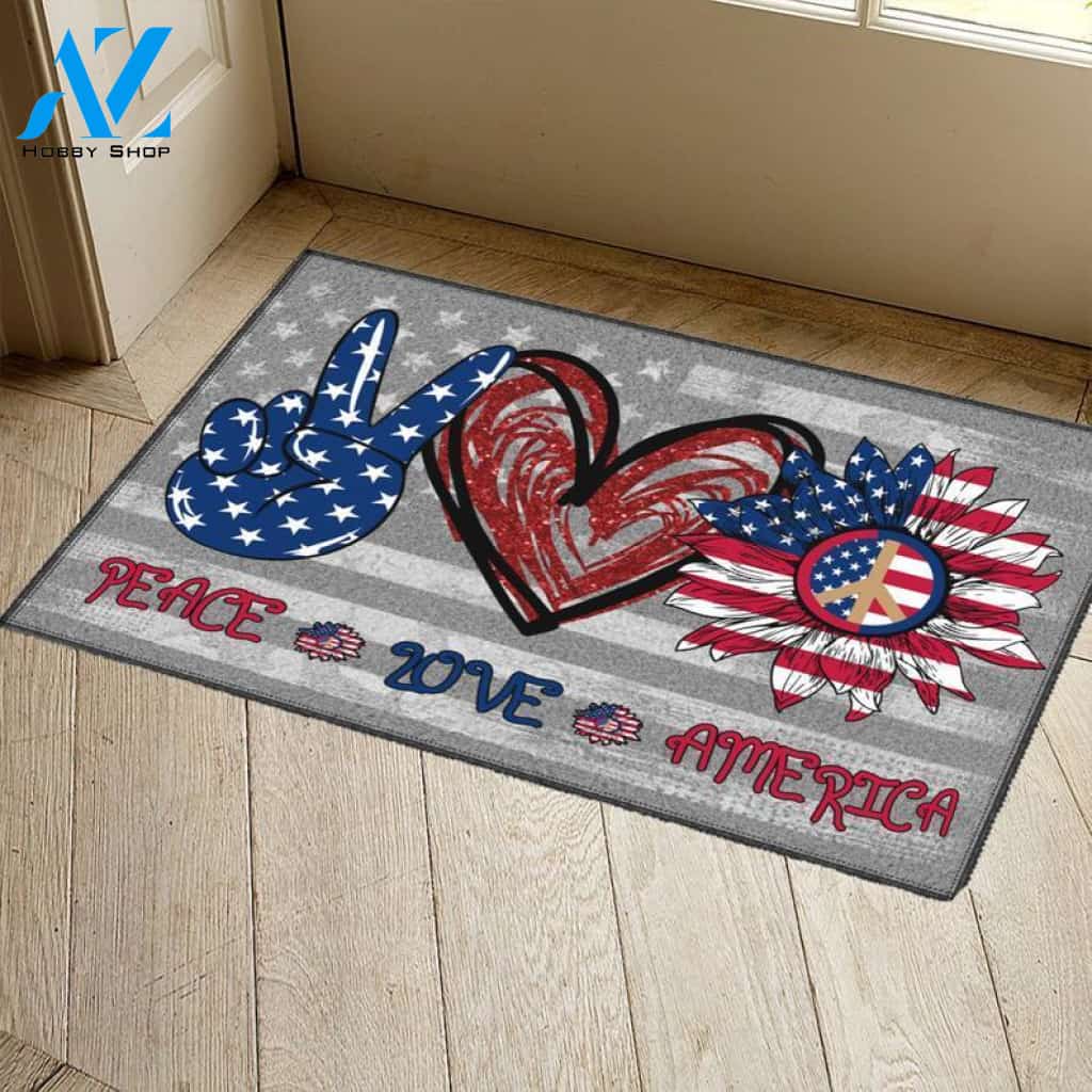 Peace Love America, Sunflower American, Peace Sign Doormat Welcome Mat House Warming Gift Home Decor Funny Doormat Gift Idea