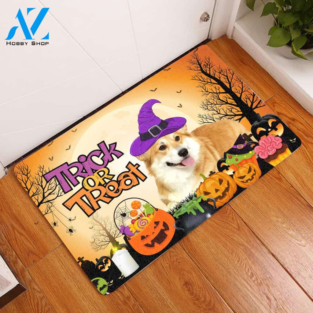 Pembroke Welsh Corgi Halloween Trick Or Treat - Door Mat | Welcome Mat | House Warming Gift