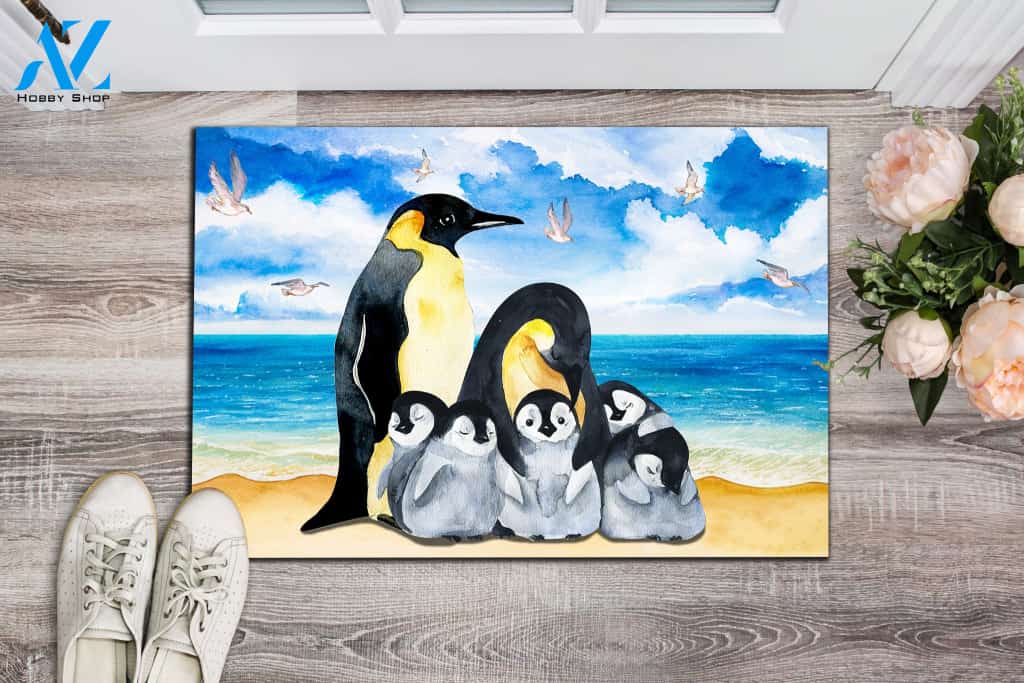 Penguin Family And The Beach Doormat | Welcome Mat | House Warming Gift
