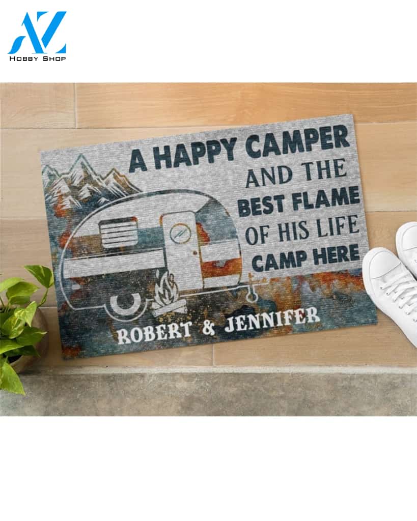 Personalized A happy camper and the best flame of his life camp here doormat