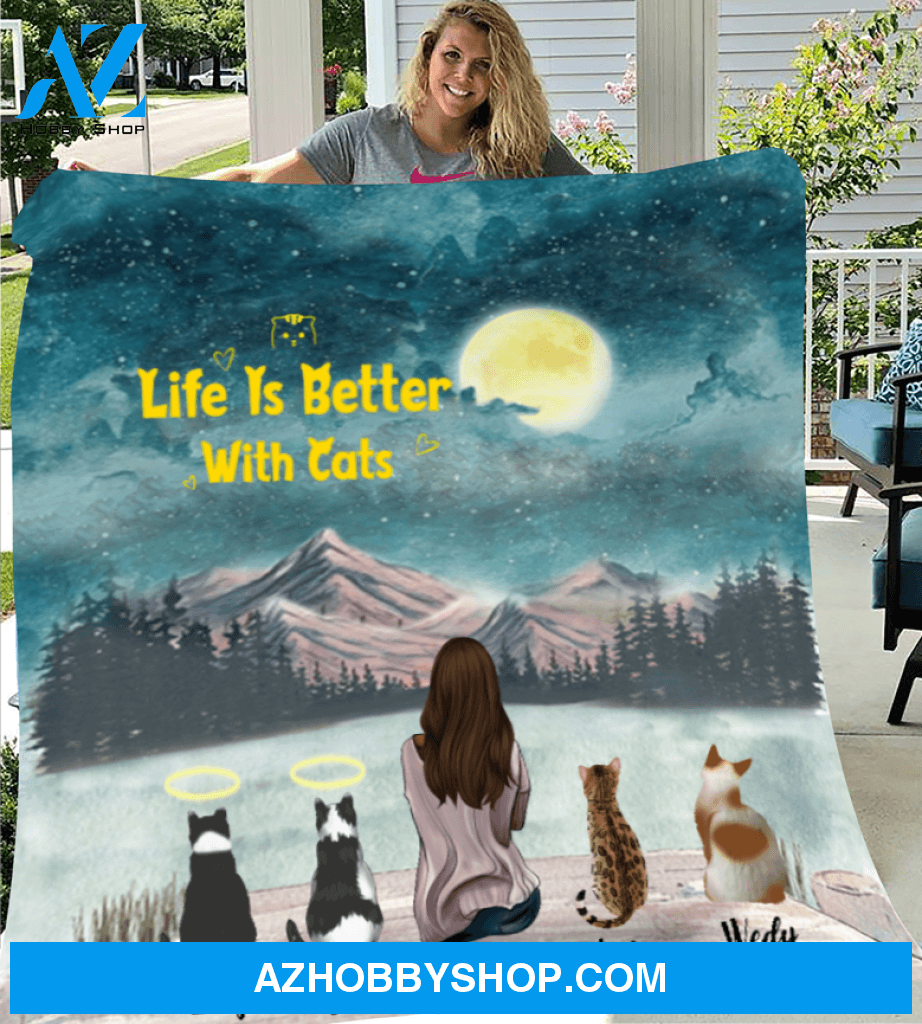 Personalized fleece blanket gift for cat lovers - Mom & 4 cats blanket - Cat mom Mother's day - Life is better with cats