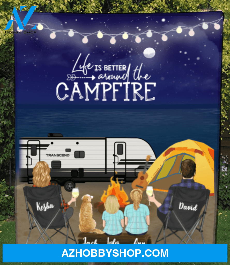 Personalized Camping Fleece Blanket Gift Idea For The Whole Family, Cat Dog Lovers - Parents, 2 Kids & 1 Pet Night Beach Camping