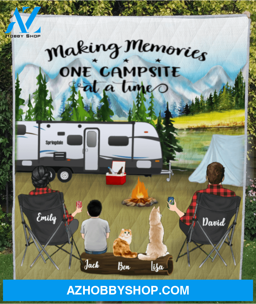 Personalized camping blanket gift idea for family, camping lovers - Parents With 1 Kid & 2 pets Mountain Camping Quilt Blanket