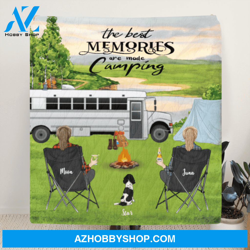 Personalized Camping Blanket Gift Idea For Same Sex Couple, Camping Lovers - 2 Women With 1 Dog Camping Quilt – The Best Memories Are Made Camping