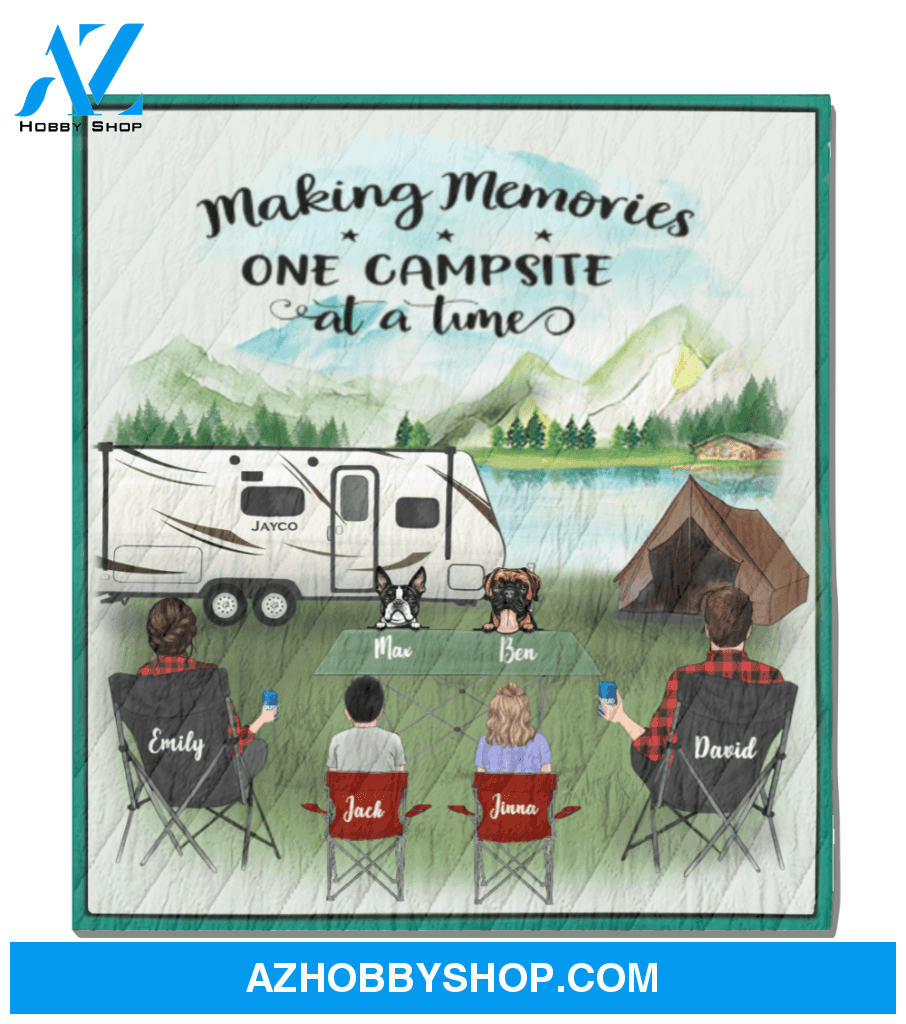Personalized Camping Blanket, Gift Idea For The Whole Family - Parents With 2 Kids And 2 Dogs In Front - Making Memories One Campsite At A Time