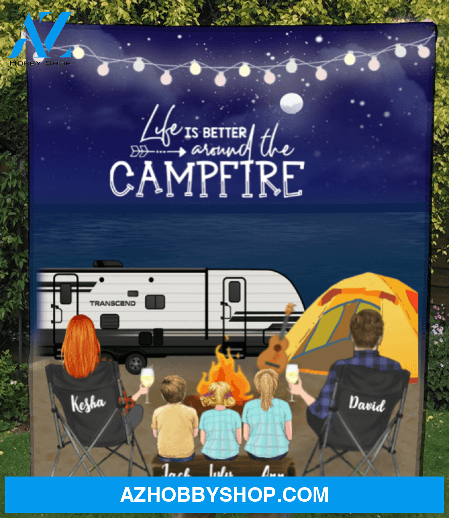 Personalized Camping Blanket Gift Idea For The Whole Family - Parents & 3 Kids Family Night Beach Camping Fleece Blanket