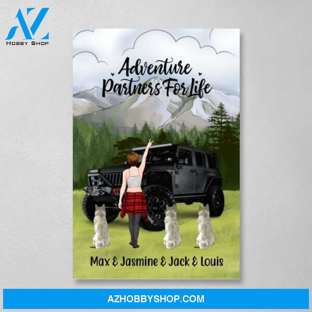 Personalized Canvas, Adventure Girl with Cats and Dogs, Custom Gift for Dogs and Car Lovers